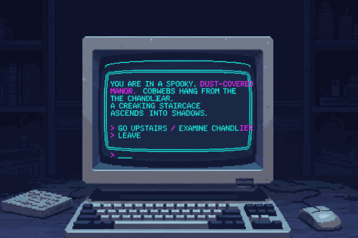 A pixel-art command-line terminal glowing on a retro desk